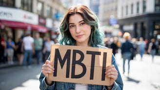 a woman with blue hair and a cardboard sign that says mbti