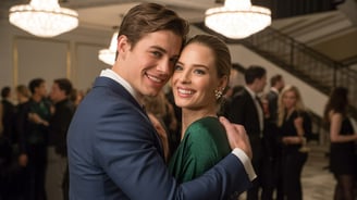 a man and woman in formal wear posing for a photo