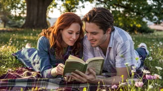 a man and woman are laying on a blanket in the grass