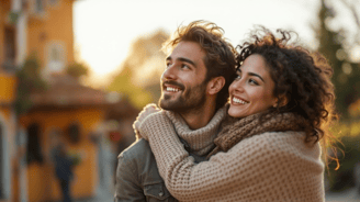 a man and woman smiling and hugging each other