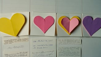 a bunch of paper hearts on a bulletin board