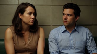 a man and woman sitting on a bench in a restaurant