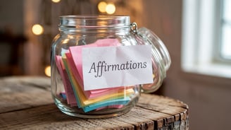 a jar of affirmation paper with a note pad attached to it
