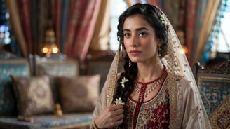 a woman in a red and gold outfit