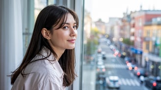 a woman looking out the window