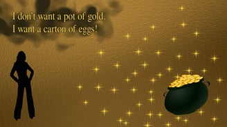 Pot of gold with shiney stardust and silouhette of woamn standing with hands on hips.
