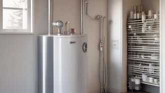 A complex manifold system with multiple white pipes connected in parallel to a row of valves. Several gauges are visible, as well as an assortment of knobs and control switches. The setup appears part of a heating or plumbing system, with wiring and connectors visible. The background shows a partially unfinished wall, suggesting an installation in progress or maintenance area.