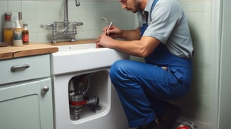 A collection of plumbing fittings and components is arranged on a surface. Notable items include a brass valve with a red handle, a couple of elbow joints, and a rolled-up white hose. In the background, a red and black ladder can be seen along with some metal poles against a concrete wall.
