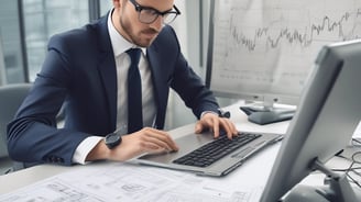 A laptop displaying a software development interface is placed on a granite countertop. Next to the laptop is a closed notebook and a pen. In the background, a sofa and a large window can be seen, providing a contrast between the focused workstation and the casual home setting.