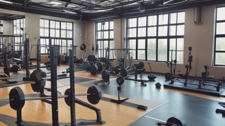 A dimly lit gym with wooden walls featuring weightlifting platforms and various weight racks. Plates with different weight denominations are neatly stacked on the floor and weightlifting bars are set in place for use. The ceiling lights illuminate specific areas, providing a focused ambiance for heavy lifting.