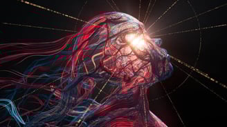 a woman with a glowing head and neck in a dark room