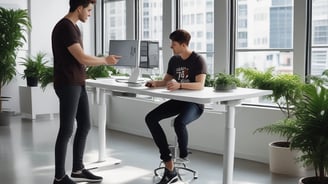 Two people are interacting with a laptop on a white standing desk. The laptop screen displays a webpage related to social wall solutions for hashtag campaigns. The setting appears to be a modern office with several chairs, tables, and a large plant in the background. One person is wearing a colorful floral top and the other is in a dark t-shirt.