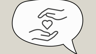 Hands hovering over a heart in a speech bubble.