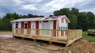 Red & white building w/ new deck