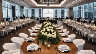 An outdoor event space is decorated with draped white fabric, tables, and chairs under a canopy. Green lighting illuminates the surrounding greenery, creating a vibrant atmosphere. Several people are visible in the background, suggesting a social gathering.