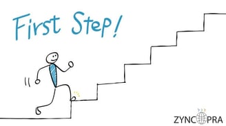 Illustration of a stick figure taking the first step up a staircase with the Zyncopra logo.
