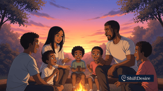 familia reunida na fogueira