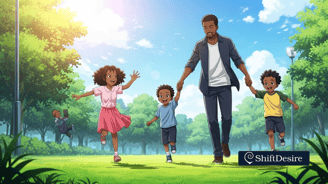 Happy family with kids playing outside in the park. Bright daylight, joyful, symbolizing freedom from screen addiction