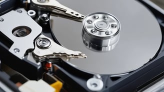 A visualization of a data storage system featuring a main server unit connected to a series of cylindrical storage units. The server has multiple horizontal rows, each with indicators. The background is black, providing a strong contrast to the metallic and green tones of the server and storage units.