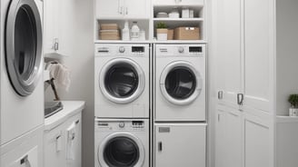 A cluttered laundry room with various garments and towels piled on a large table or basket. Several jackets and clothing items hang above, and washing machines are visible on the right. There is a chair with a fur covering, and cleaning supplies are organized on the far side near a sink.