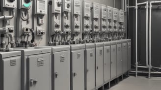 A section of a building exterior is visible, featuring a partially open utility panel revealing wiring and piping, likely for a water heater. Below, there's disturbed earth and scattered debris, including pieces of wood and a metal bowl. Coiled hoses and cables are seen on the grass nearby.