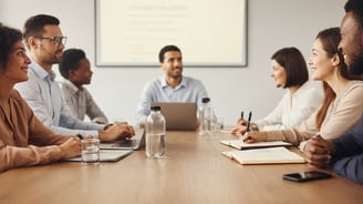 a group of people sitting around a table