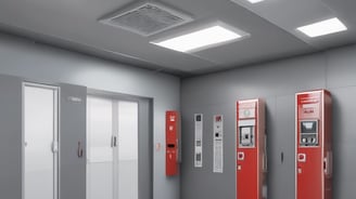 Two red electrical devices are mounted on a black corrugated metal wall, connected by a series of cables. The setup includes several black wires attached to the devices and a metal rack supporting the components.
