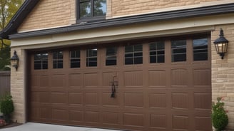 A decorative garage door with horizontal stripes in a variety of bright colors. Above the door is a sign with blue letters reading 'Humber'. The building facade is light-colored and the ground is paved.