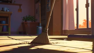 An anime style photo of a broom in a living area. Sunset vibe in the back.