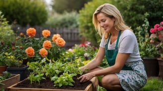 A middle aged blonde woman tending to the plants in her garden