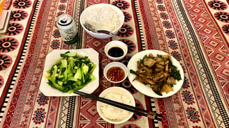 a table with a variety of food items