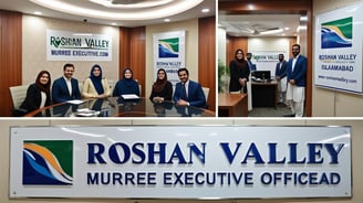 a group of people sitting around a table with a sign that says roshan valley