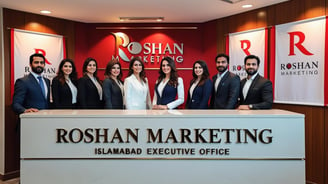 a group of people standing in front of a roshan marketing office