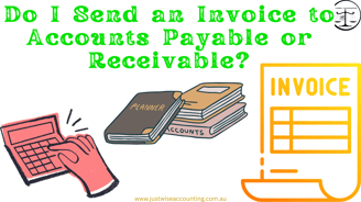 "Illustration asking if invoices should be sent to Accounts Payable or Receivable, with a hand typin