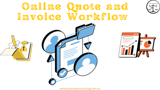 Online quote and invoice workflow graphic with icons for documents, charts, and a pencil.