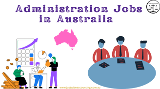 Administration jobs in Australia. Cartoon people working at a table and a map of Australia.