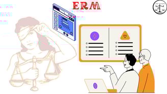 "Woman with scales, computer screen, and two men discussing."