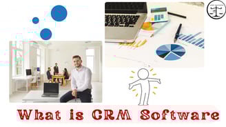 A man in an office with a laptop and graphs, asking "What is CRM Software