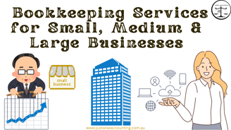 Bookkeeping services for small, medium & large businesses. Cartoon man and woman with graphs and bui