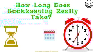 Bookkeeping time inquiry graphic with hourglass, calendar, and alarm clock icons.