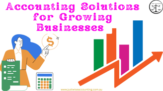 Accounting solutions for growing businesses, featuring a cartoon figure, calculator, and bar graph."
