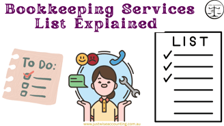 Bookkeeping services list explained with a cartoon woman and a to-do list.