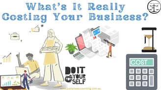 Business cost analysis graphic with calculator, people, and text "What's It Really Costing Your Busi