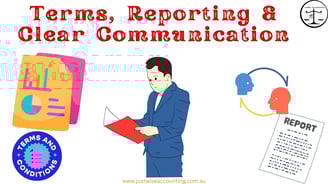 A man in a blue suit holds a red folder, surrounded by icons representing terms, reporting, and clea