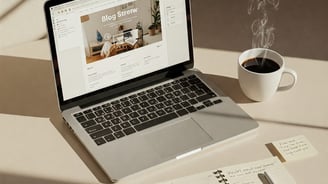 Vista de escritorio con ordenador portátil abierto en una página de blog.