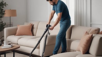 A person wearing protective clothing, a face mask, and gloves is cleaning a white cushioned furniture piece using a vacuum cleaner. The setting appears to be indoors with bright natural light streaming in through large windows. A green potted plant is placed next to a white sofa, adding a touch of nature to the clean and tidy environment.
