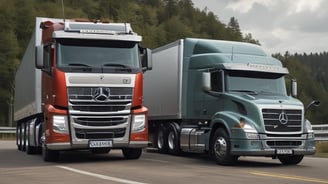 Several large trucks, including two white ones labeled 'Moraru Transport' and a blue one labeled 'Natanex', are parked in a paved lot. A person in a blue shirt stands near the white trucks. The area is surrounded by trees and additional vehicles can be seen in the background.