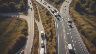 A white bus is traveling on a busy road next to other vehicles, including a blue car and a red car. The scene is set in an urban environment with greenery and road signs indicating directions to different airline terminals. The foreground includes traffic barriers and a construction cone.