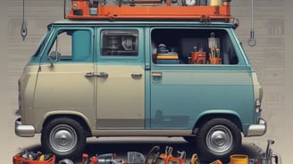 A person in an orange shirt is crouched down, working on the wheel of a yellow jeepney parked by the side of the road. The jeepney's hood is open, and various tools and containers are scattered around. It's situated near a light-colored building and some vegetation.