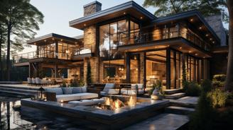 a large outdoor living room with a fire pit